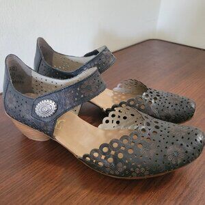 Rieker Antistress Mirjam 53 Women Black Leather Floral Chunky Heels Shoes 40 8.5
